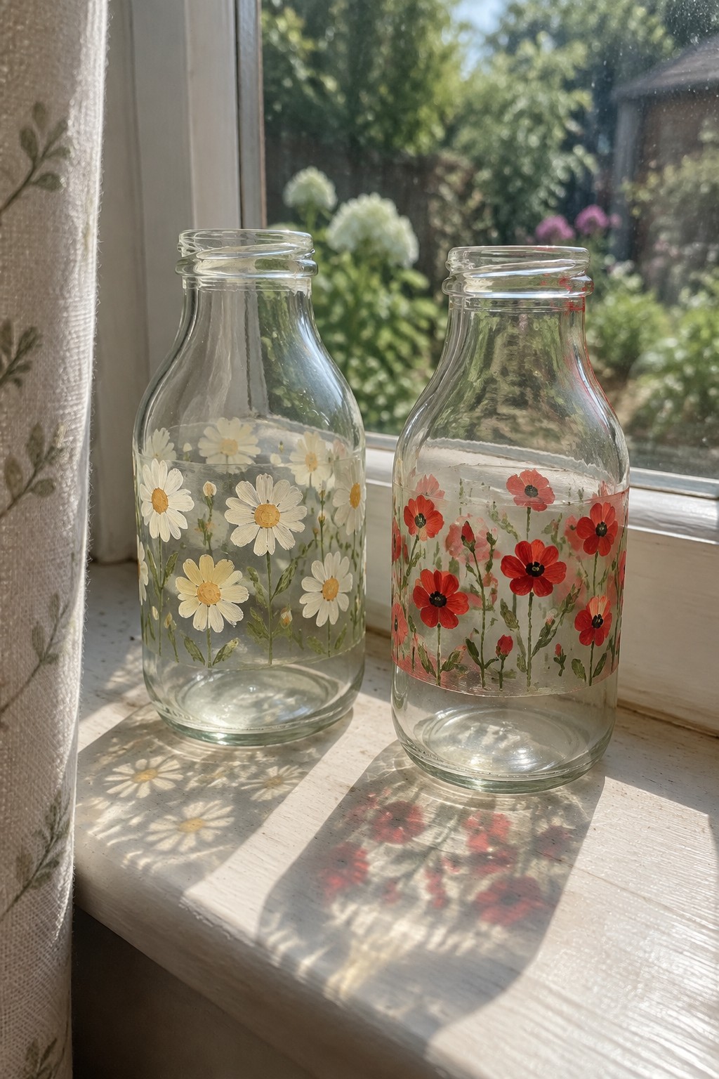 Two glass bottles with daisies and poppies on sunlit windowsill casting floral shadows