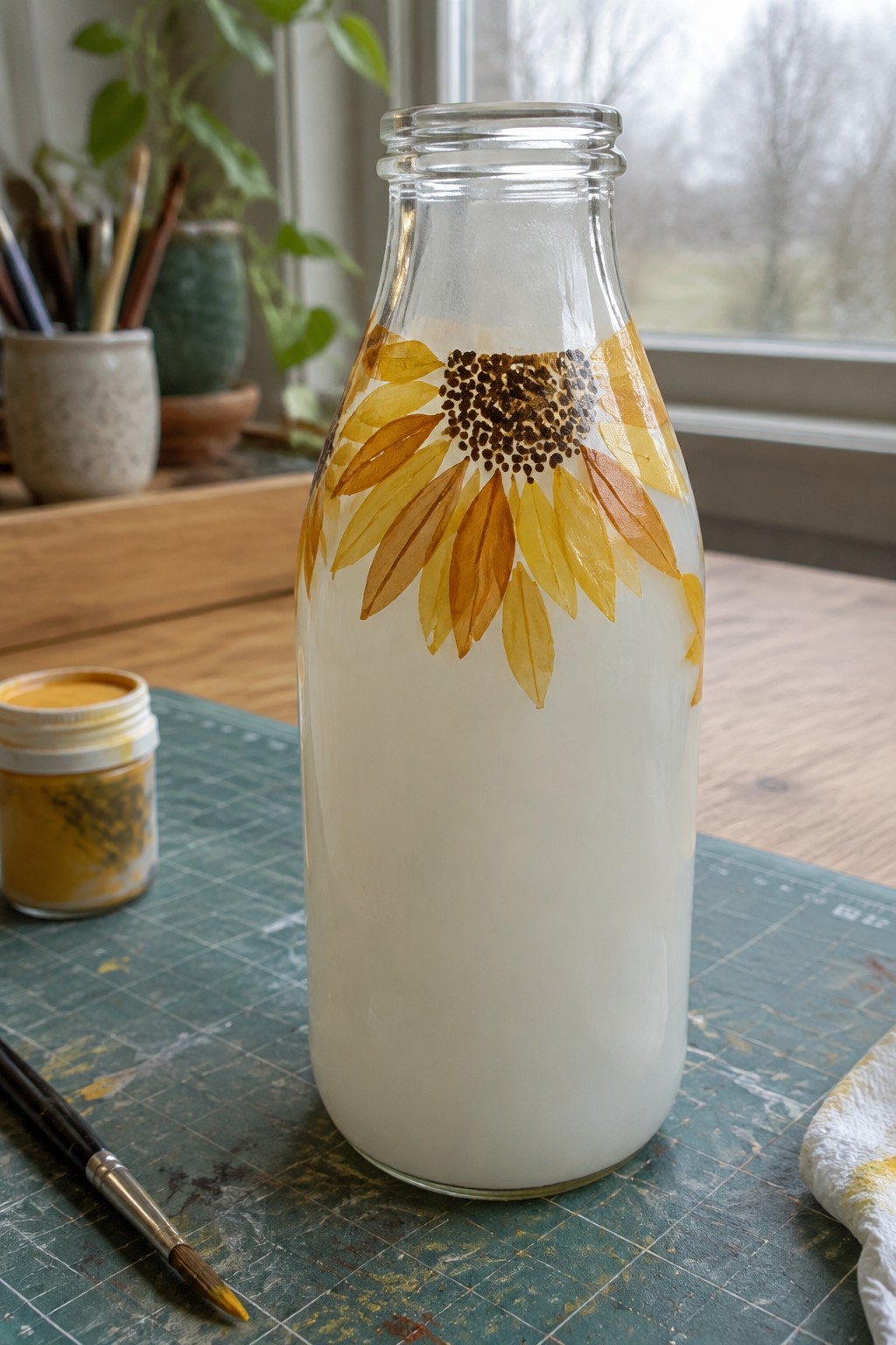 Glass bottle with yellow-brown sunflower painting, filled with white liquid on green mat