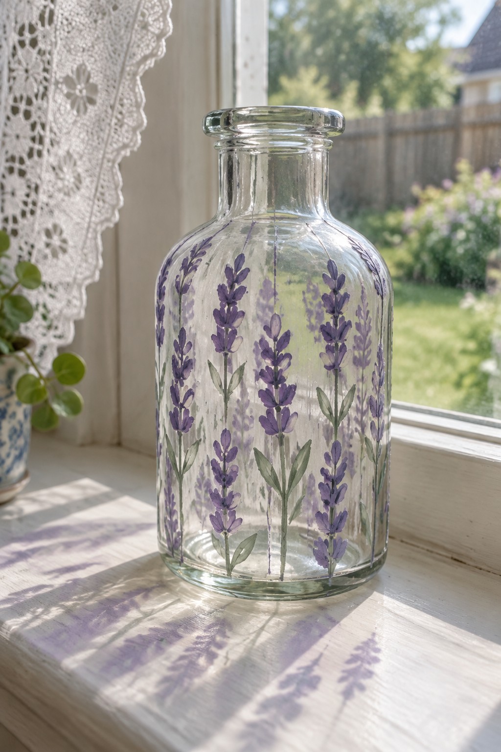 Glass bottle painted with purple lavender on sunlit windowsill with lace curtain