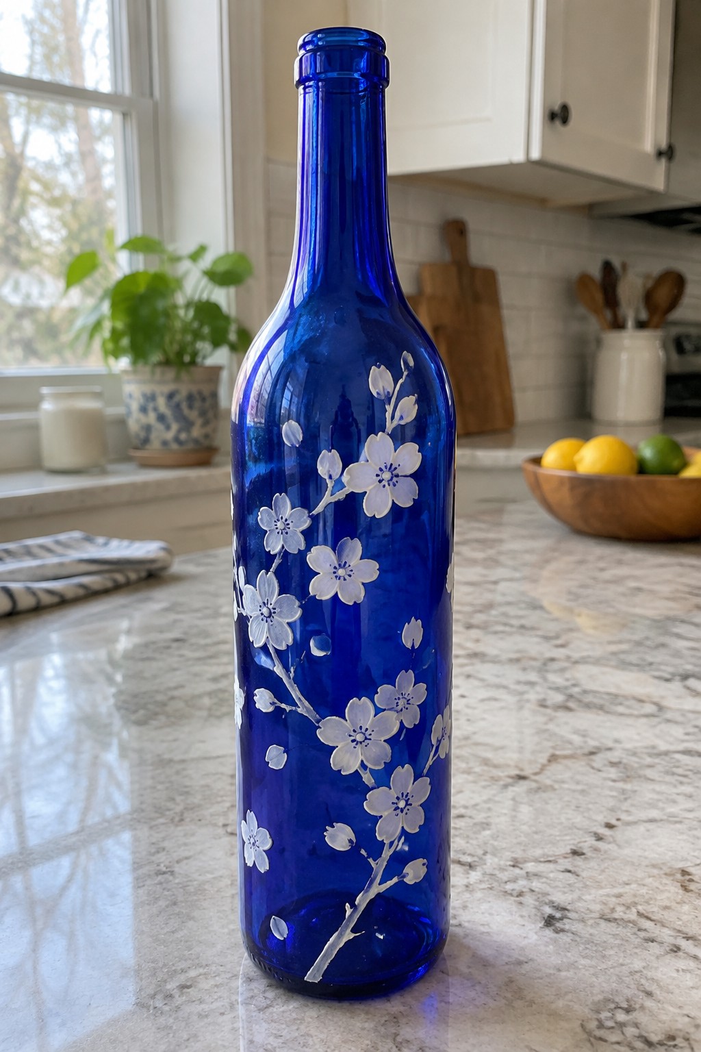 Blue glass bottle with white cherry blossom etchings on marble kitchen counter