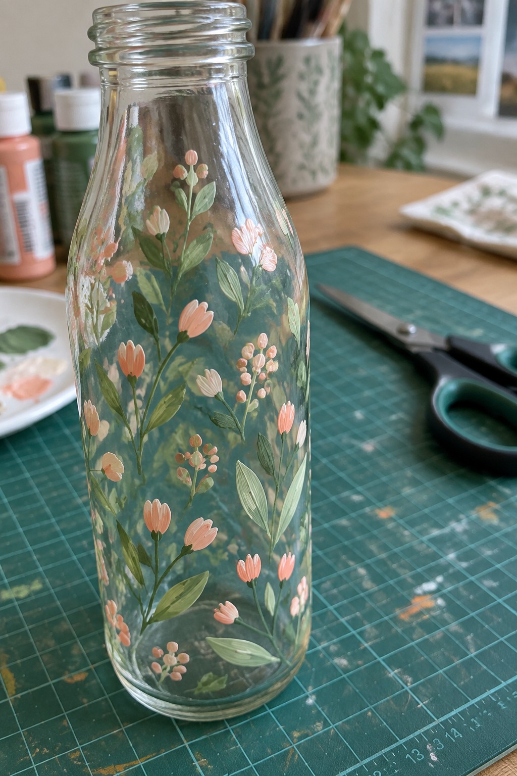 Glass bottle hand-painted with pink flowers and green leaves on craft mat