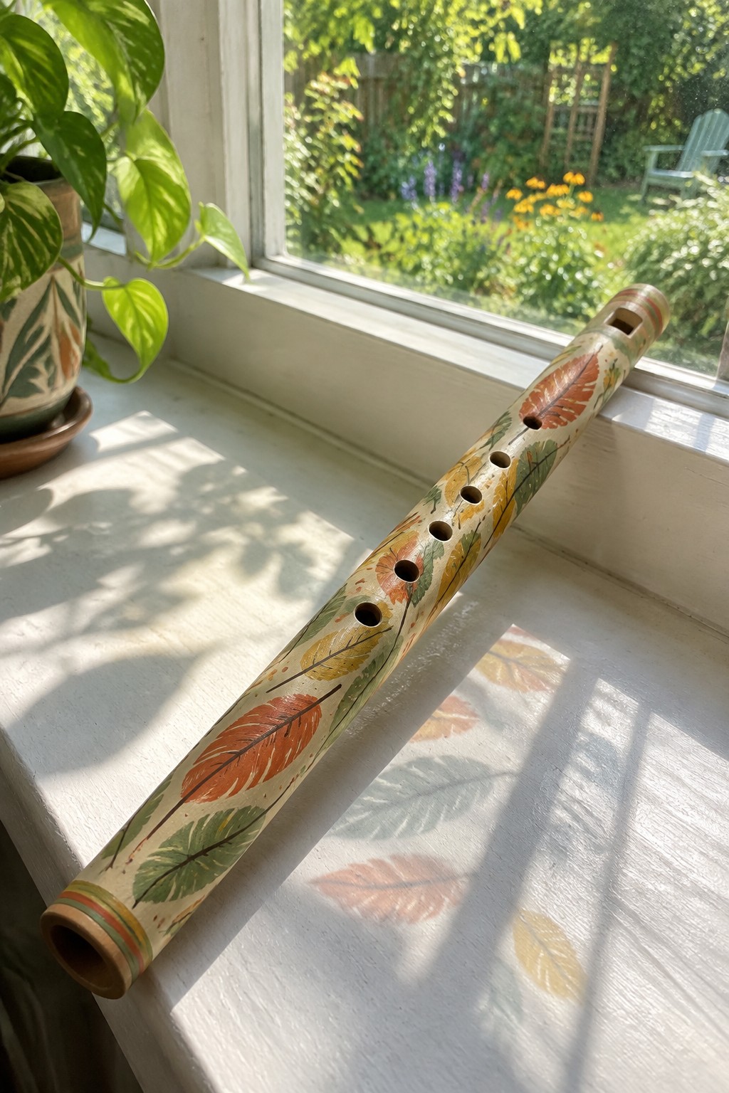 Autumn leaf-patterned flute on sunny windowsill beside potted plant and garden view
