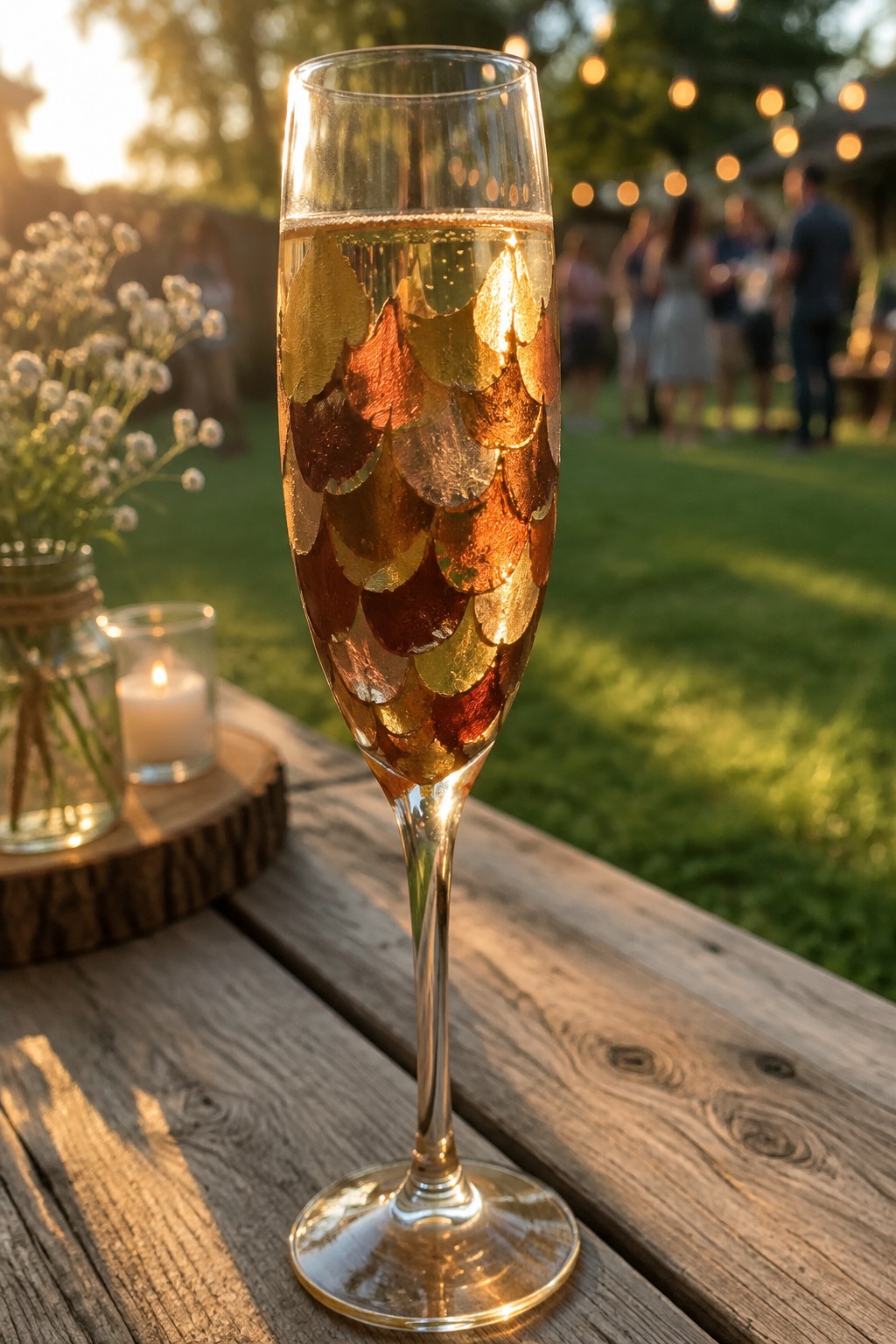 Champagne flute with overlapping gold and copper leaf scales on wooden garden table