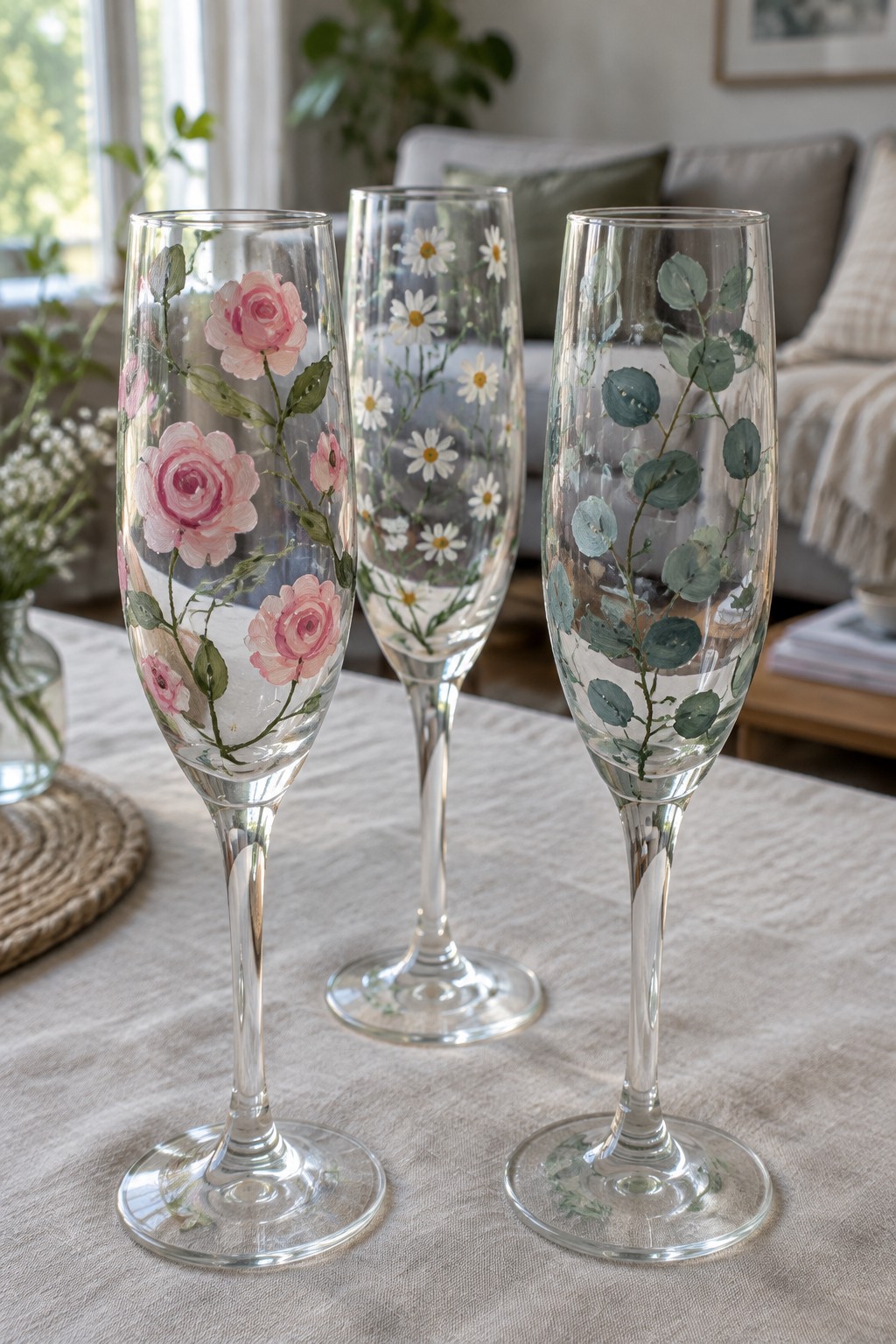 Three hand-painted champagne flutes with pink roses, daisies, and eucalyptus.