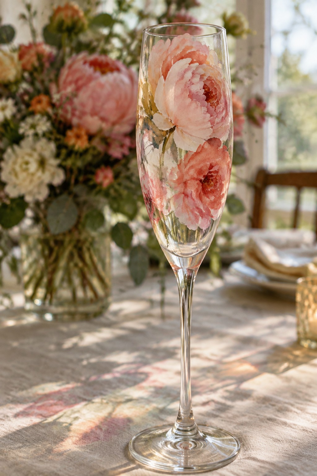 Champagne flute with pink peony watercolor design on patterned tablecloth