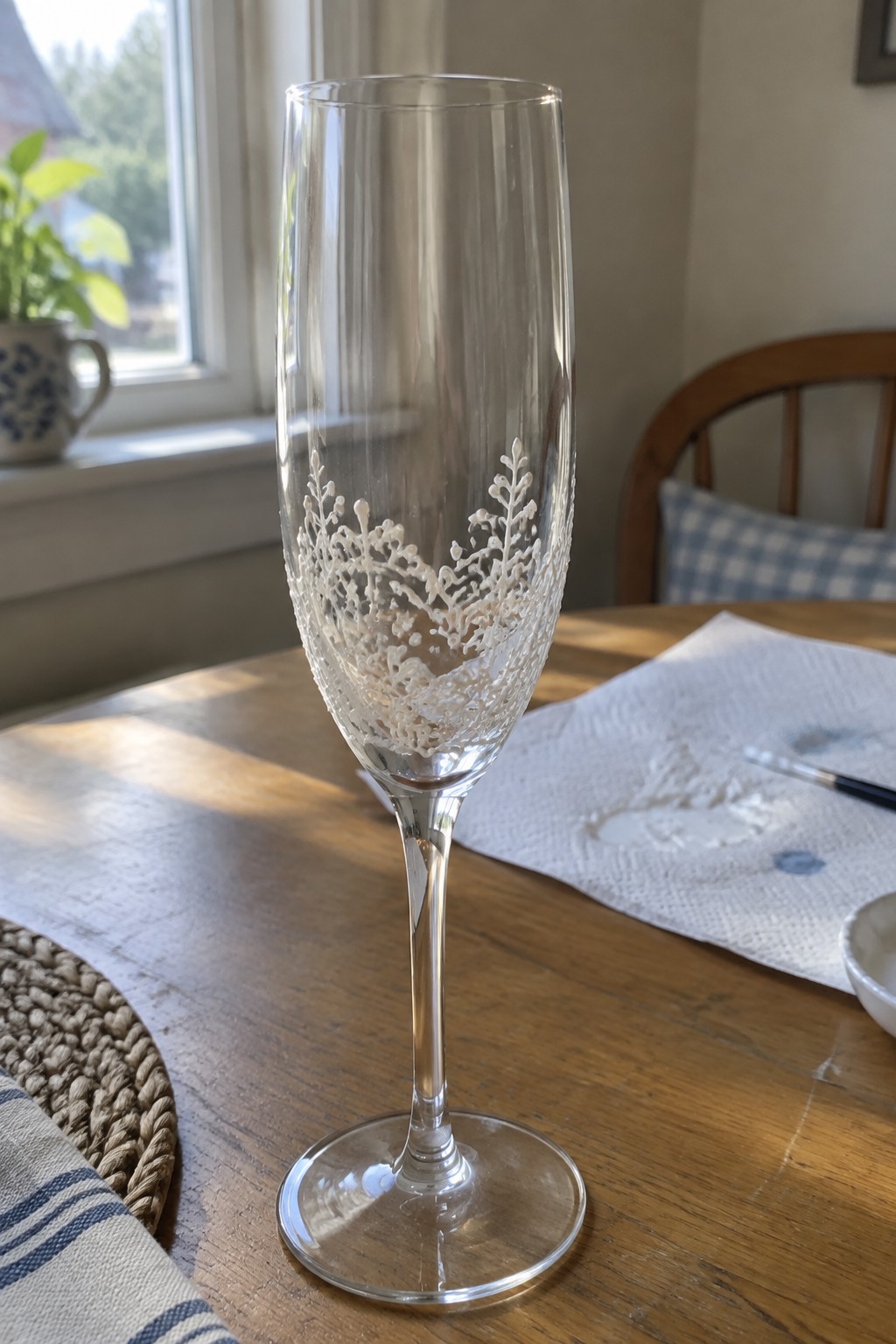 Clear champagne flute with white coral-like design on wooden table beside paintbrush
