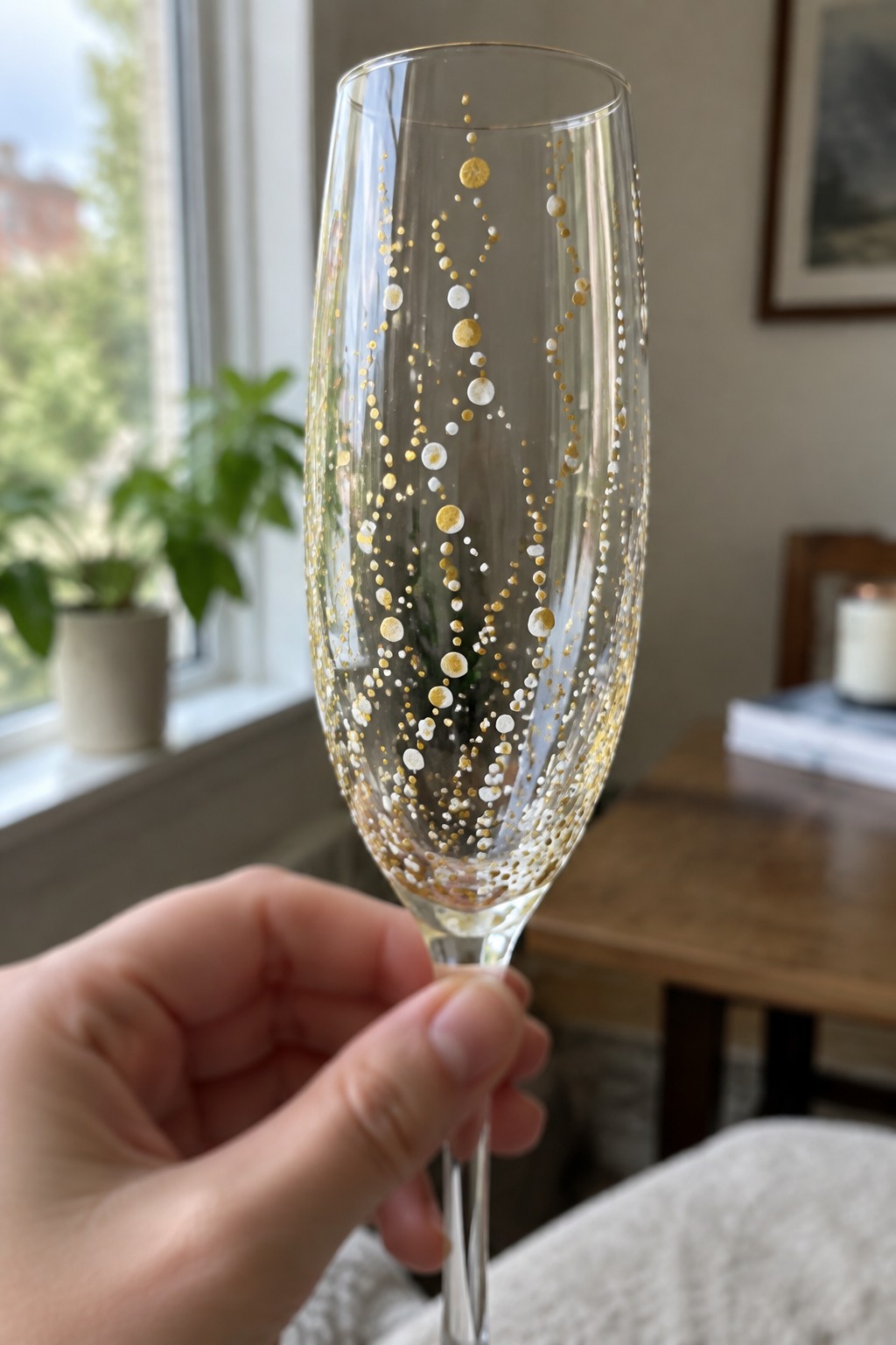 Hand holding clear champagne flute with gold and white dots in bright room