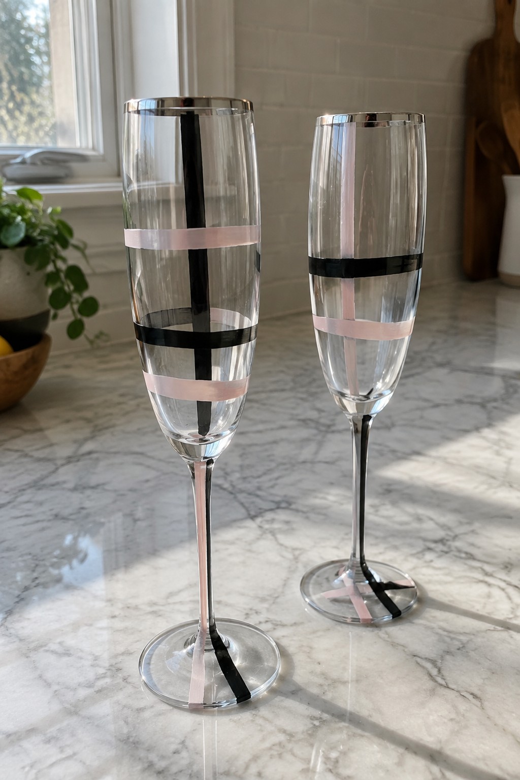 Two champagne flutes with black and pink tape stripes on marble countertop.