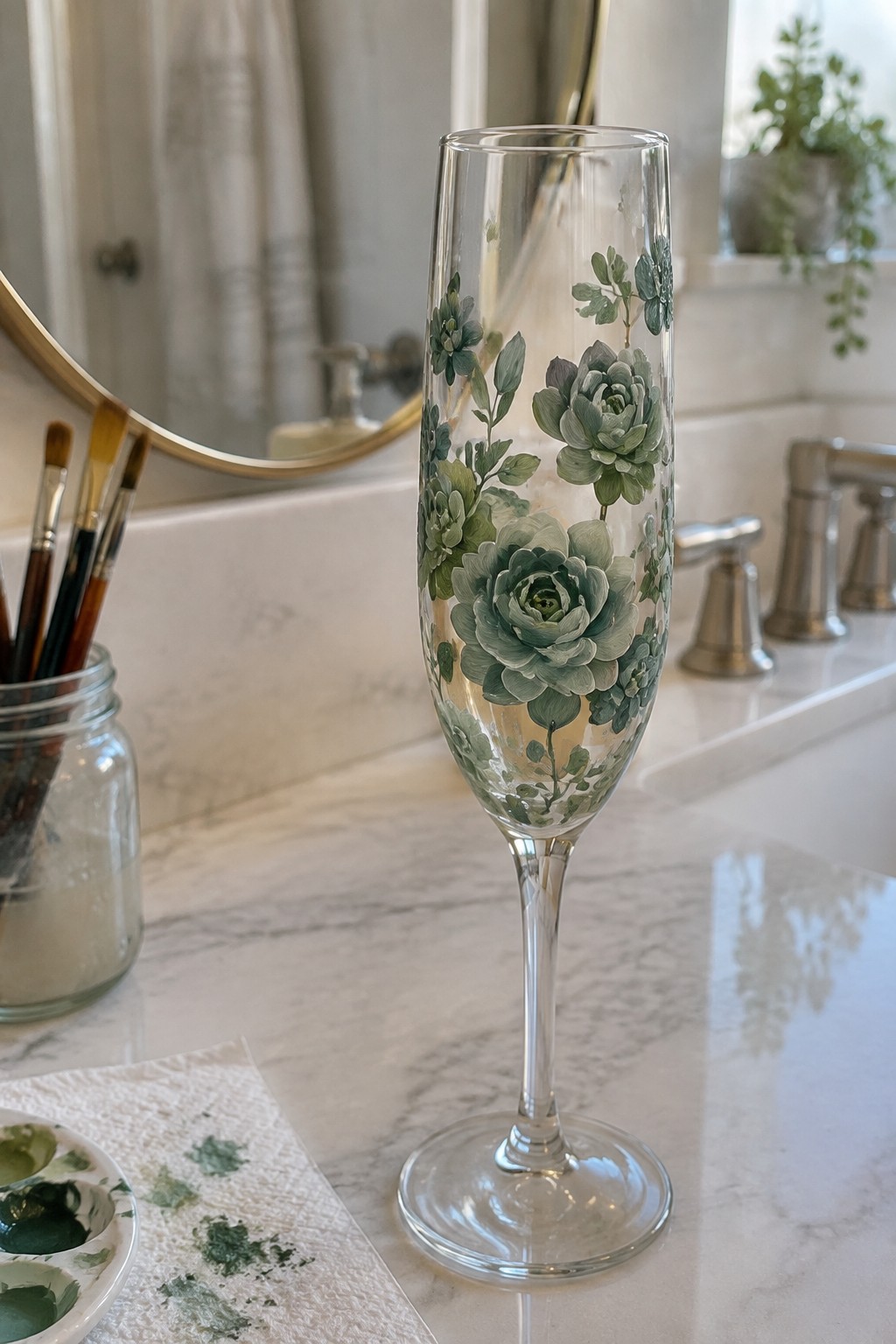 Hand-painted champagne flute with green succulents on marble bathroom counter