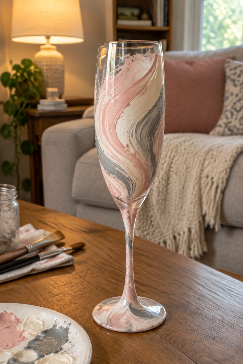 Marbled pink, white, and gray painted champagne flute on wooden table with supplies