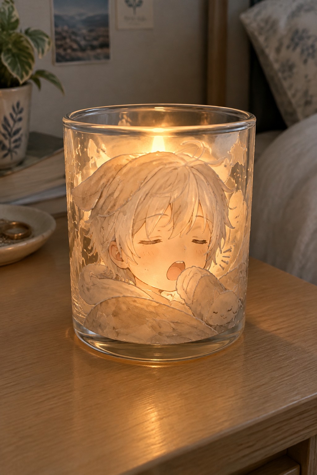 Illuminated glass candle etched with anime boy holding sleeping cat on wood table