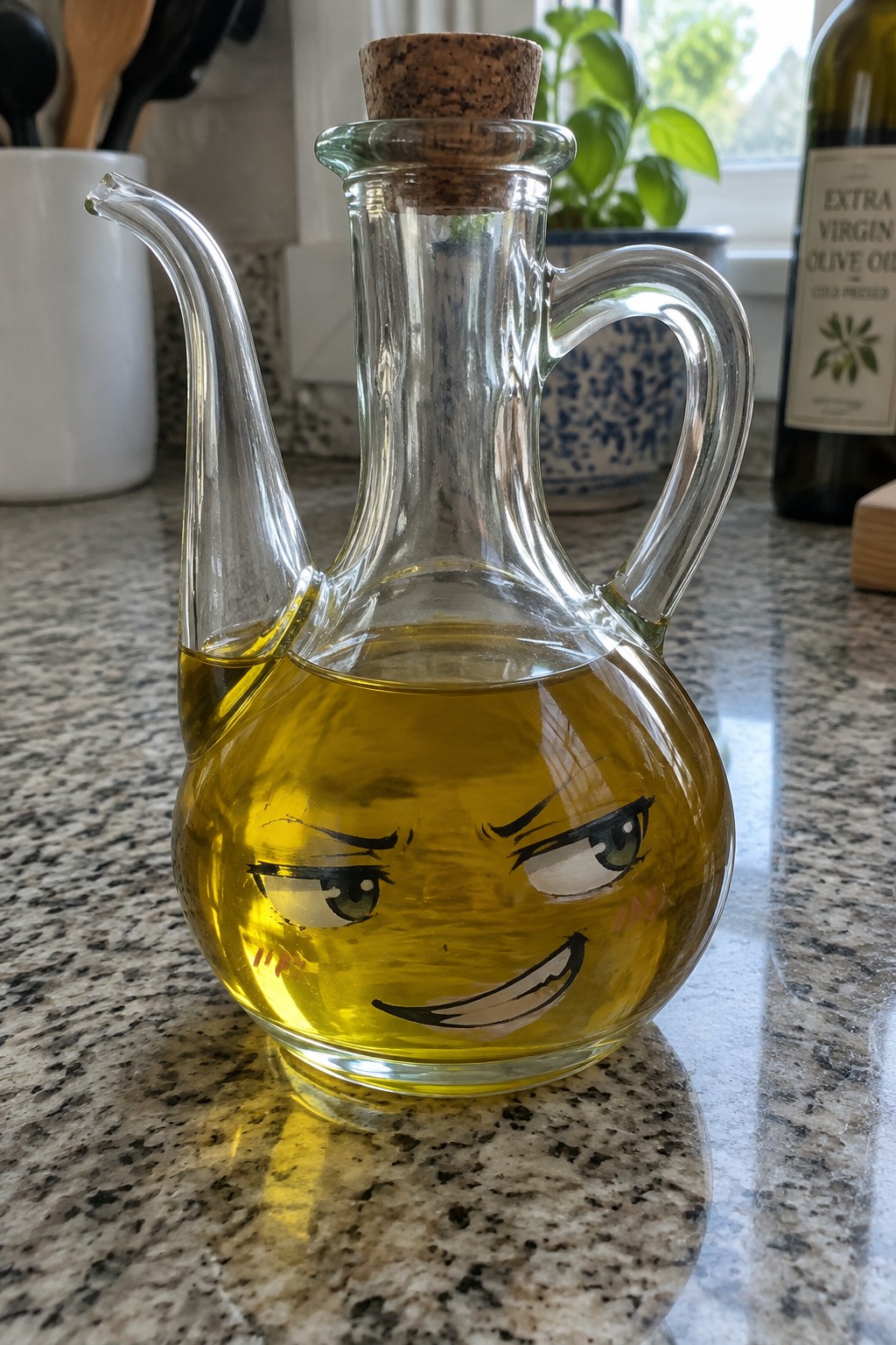 Glass oil cruet with smirking cartoon face on yellow liquid atop granite counter