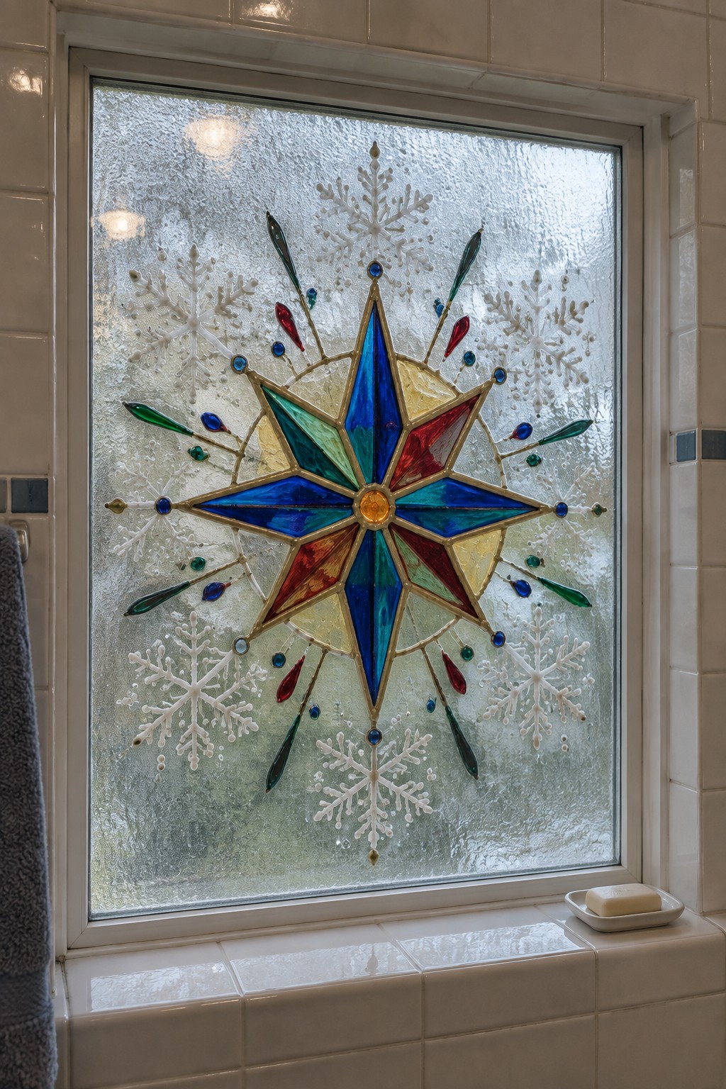 Colorful stained-glass star with snowflakes on frosted bathroom window sill.