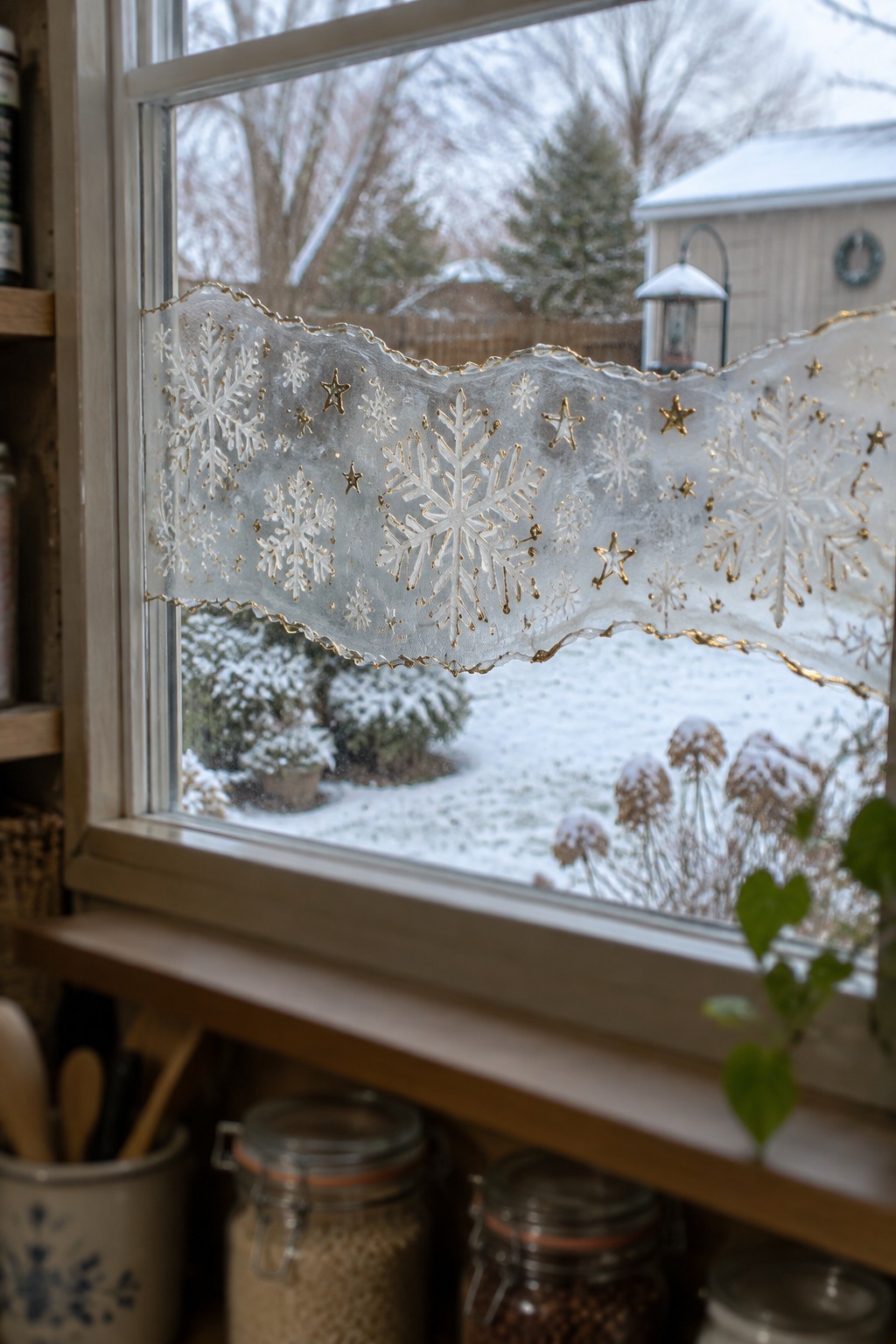 Snowflake valance with gold stars on window overlooking snowy yard and jars.