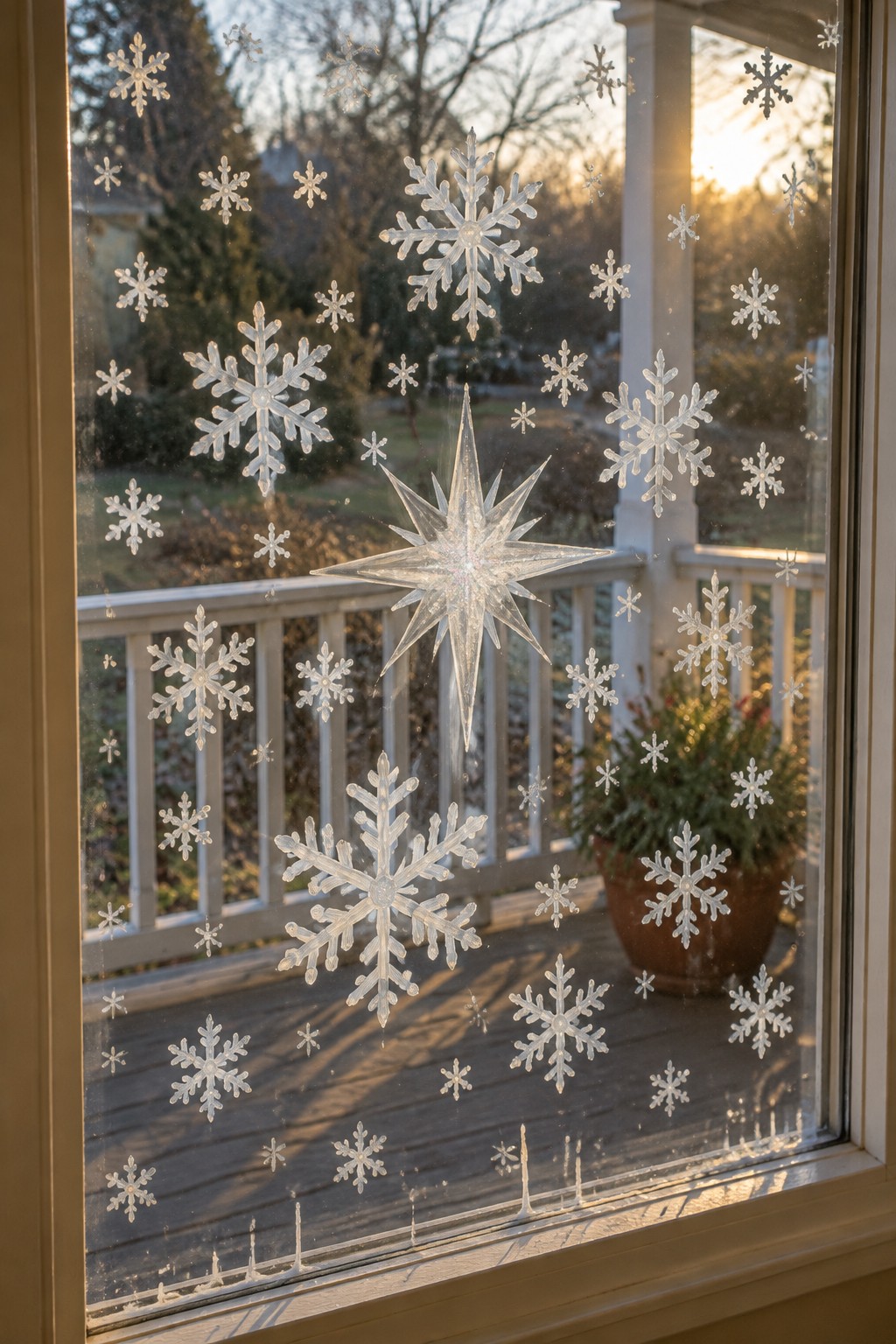 Frosted window with snowflake decals and sparkling star overlooking porch and potted plant