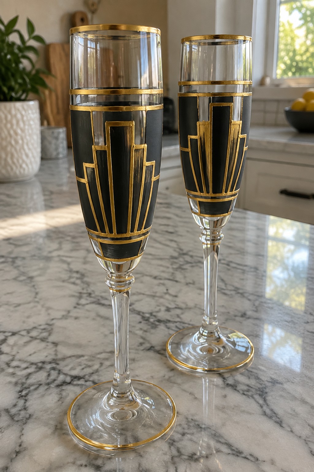 Two champagne flutes with black and gold Art Deco geometric designs on a marble counter.