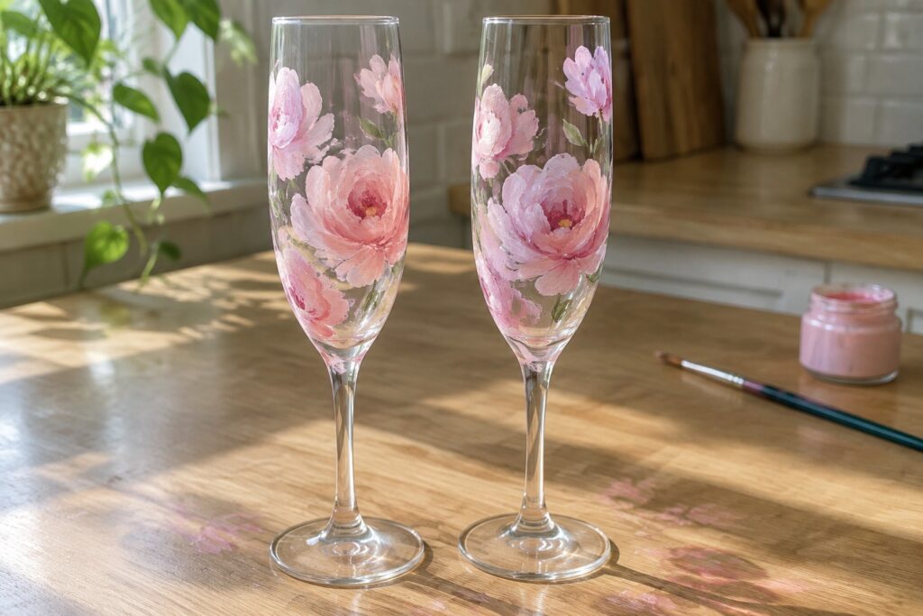 Two pink peony-painted champagne flutes on a sunlit wooden kitchen counter