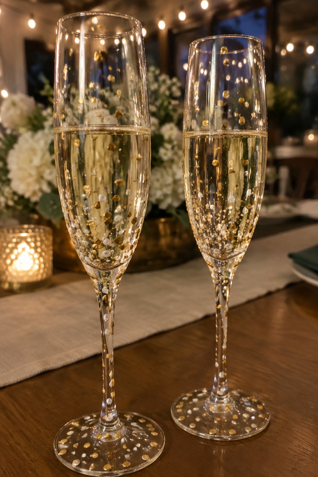 Two gold and silver dotted champagne flutes with bubbly wine on wooden table.