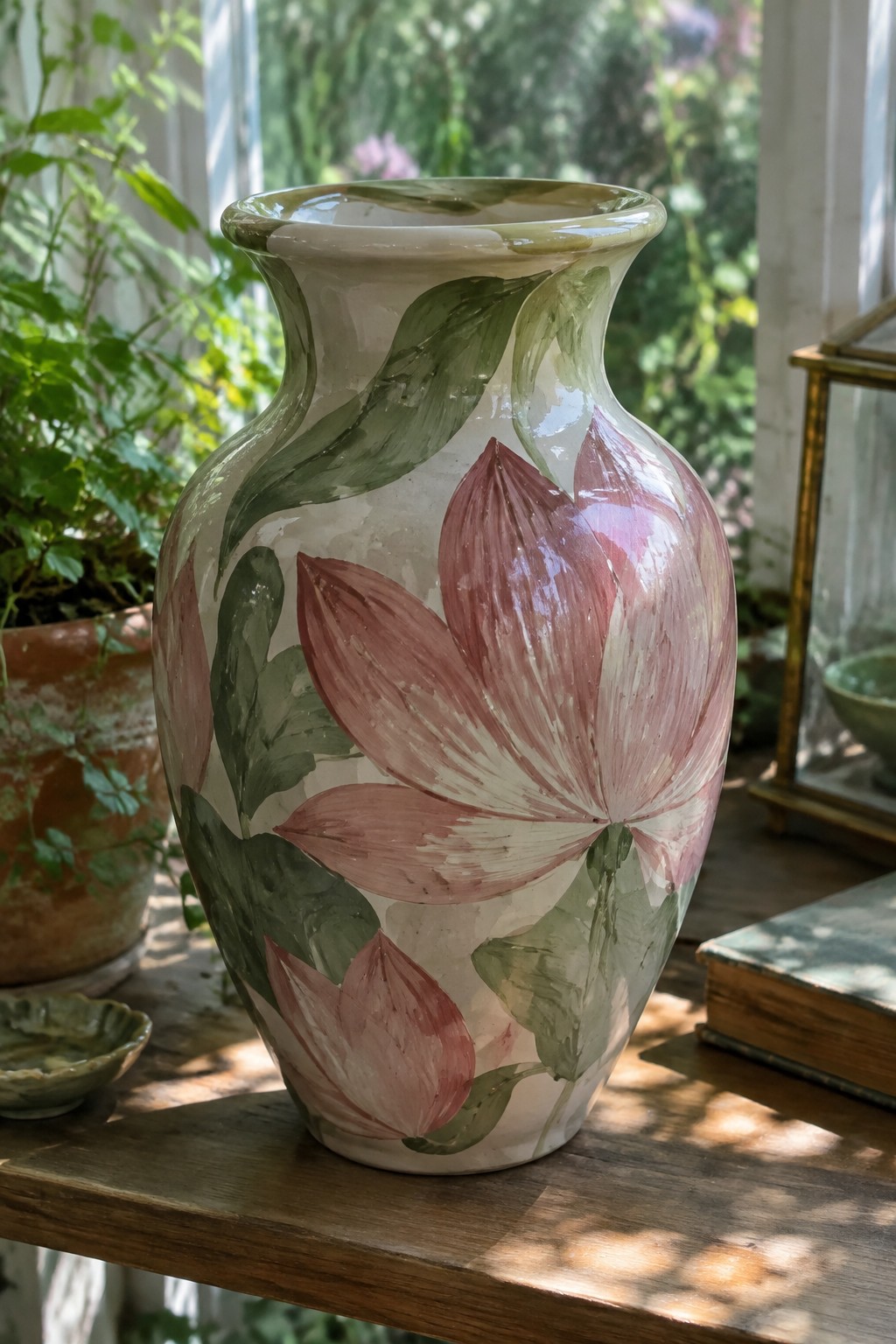 Ceramic vase with pink lotus flowers and green leaves on wooden table