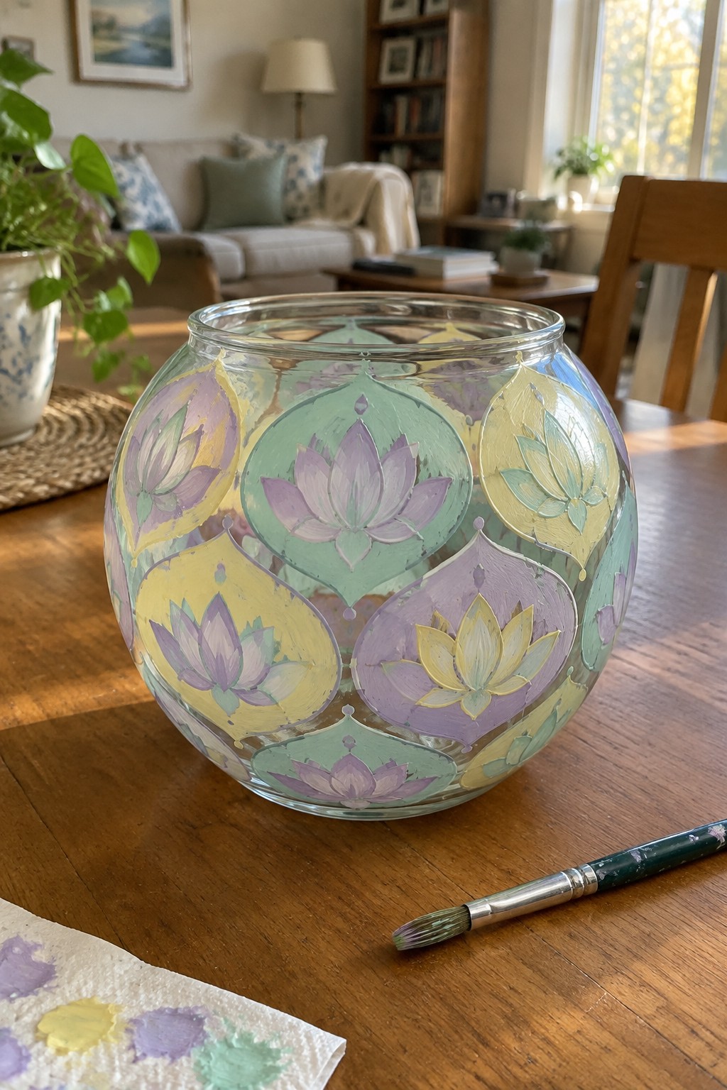 Glass bowl hand-painted with pastel lotus flowers in purple, yellow, and green on table