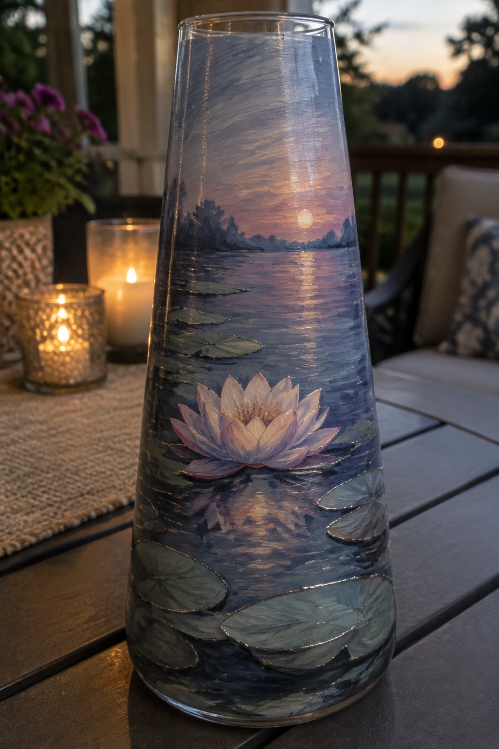 Glass vase painted with lotus flower on sunset lake beside lit candles