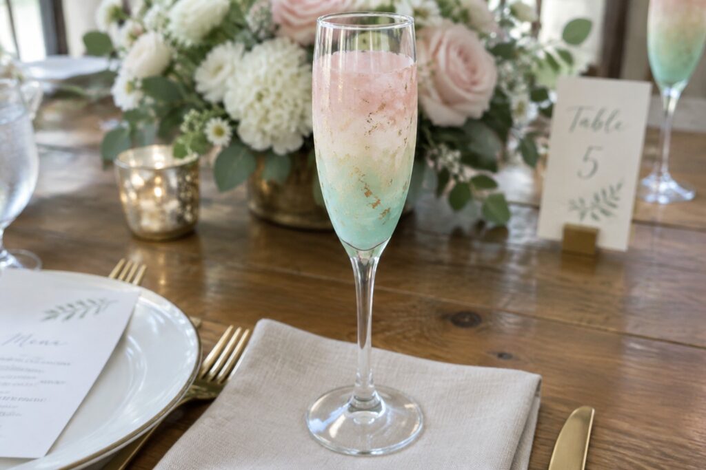 Pink and mint painted champagne flute with gold accents on elegant table setting
