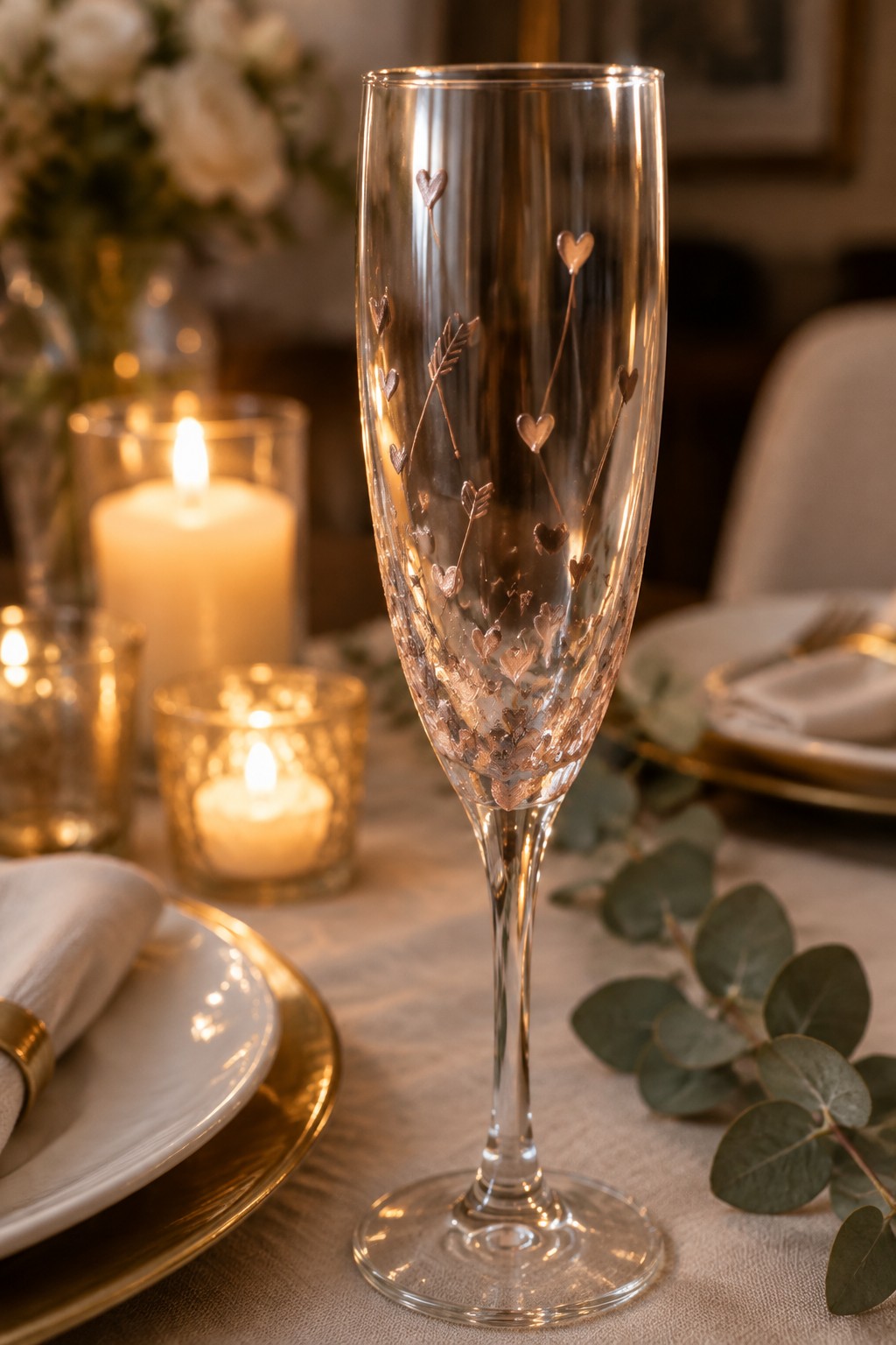 Etched champagne flute with hearts and arrows on candlelit dinner table