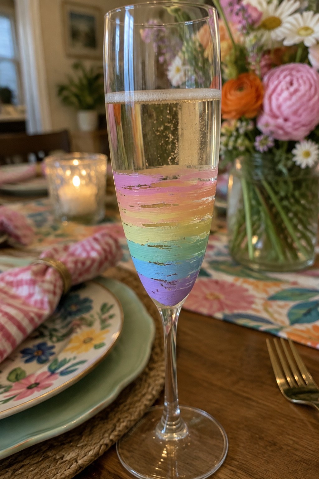 Rainbow-painted champagne flute with bubbles on floral table setting with napkin
