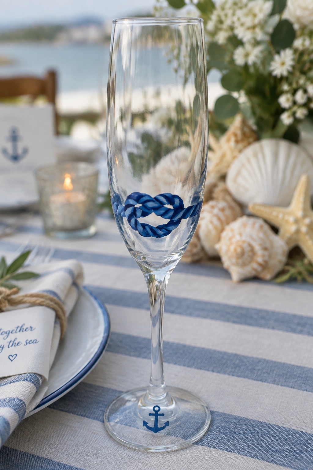 Clear champagne flute with blue rope knot and anchor on striped nautical table setting