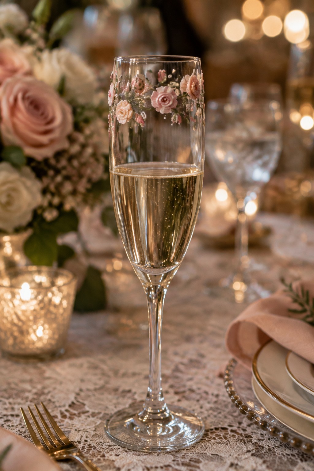 Elegant champagne flute with pink rose decorations on lace-covered table setting