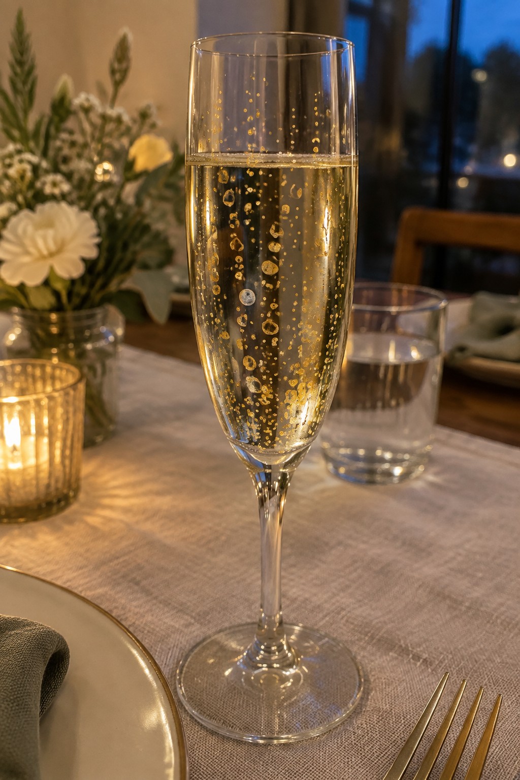 Gold-speckled champagne flute with bubbles on candlelit table with flowers and linen cloth