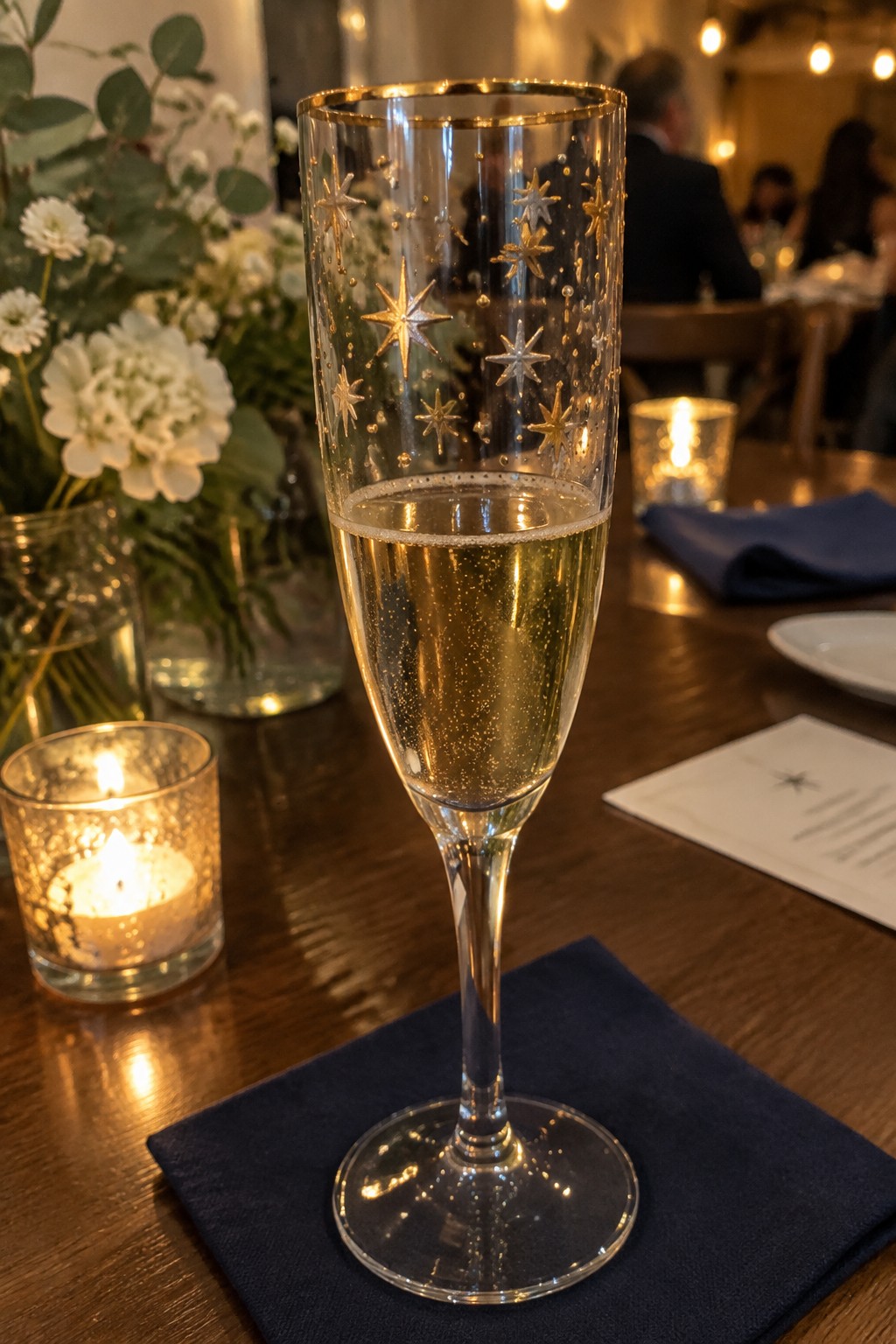 Star-decorated champagne flute with bubbles on blue napkin beside lit candle