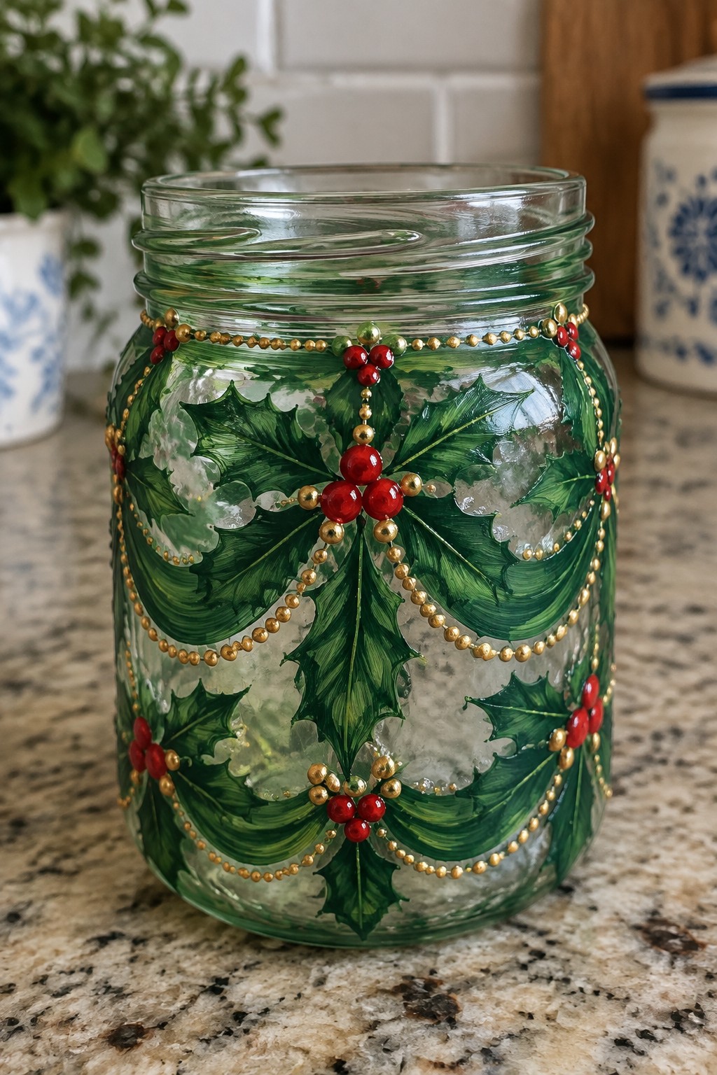 Glass mason jar painted with green holly leaves, red berries, and gold beads.