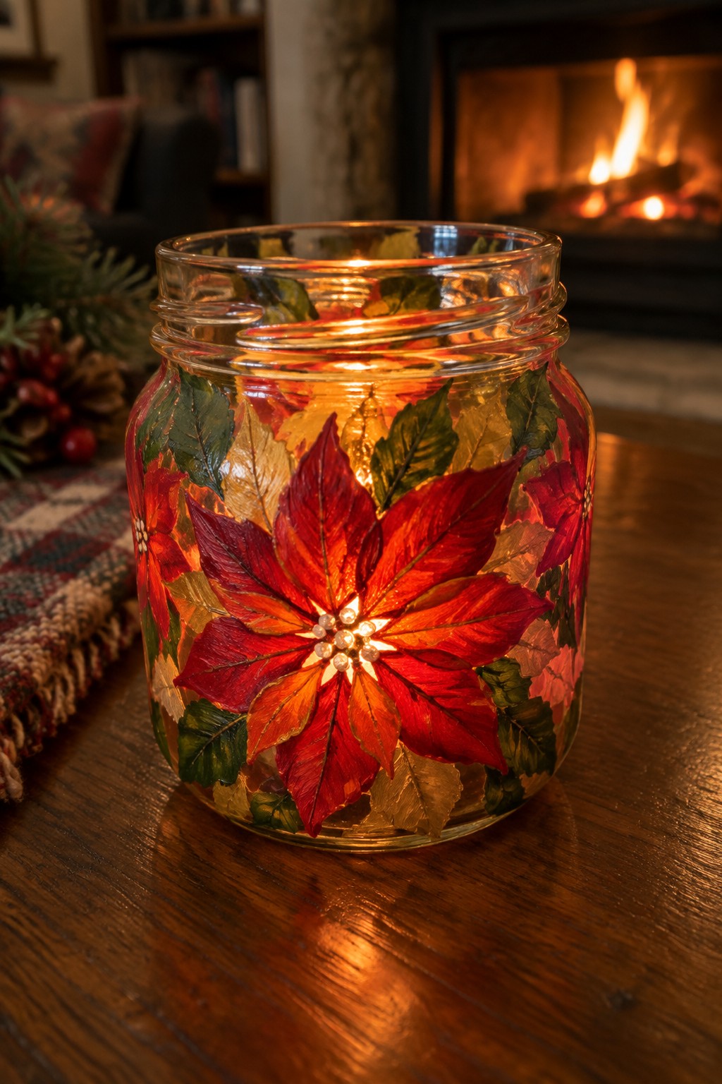 Glowing candle in glass jar painted with red poinsettias on wooden table by fireplace.