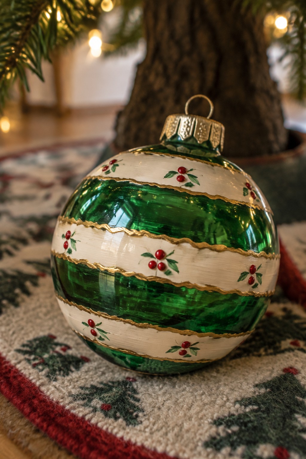 Green and white Christmas ornament with gold trim and red berries on rug