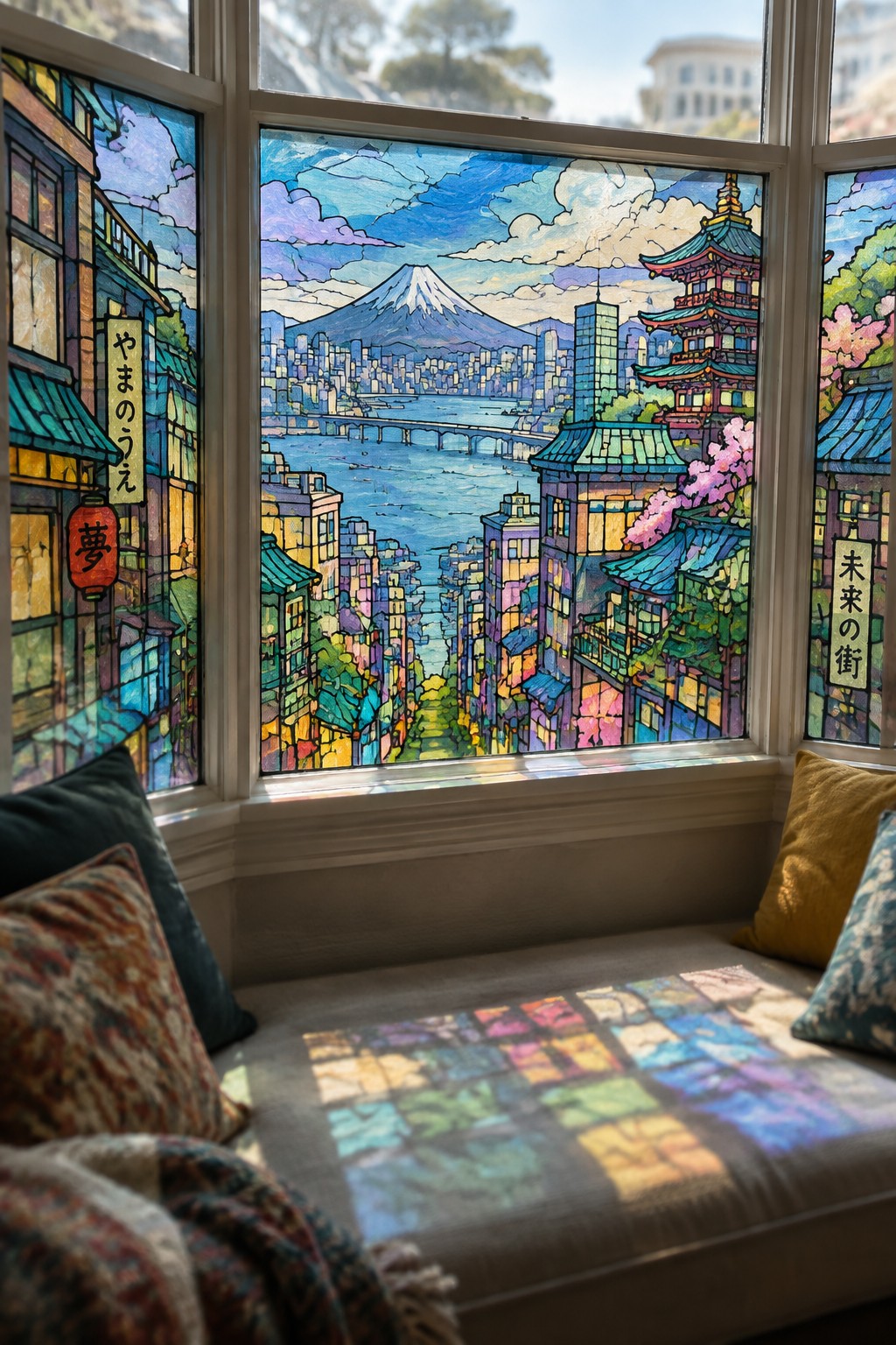Vibrant stained glass window of Mount Fuji over colorful city, rainbow light on cushions