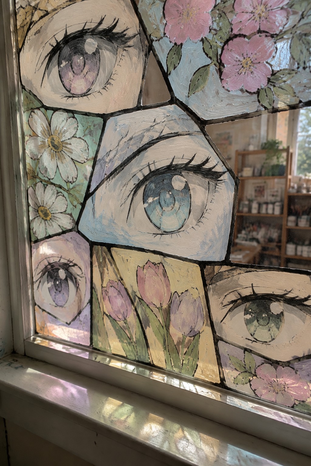 Stained glass window with colorful painted eyes and pink floral designs in sunlight
