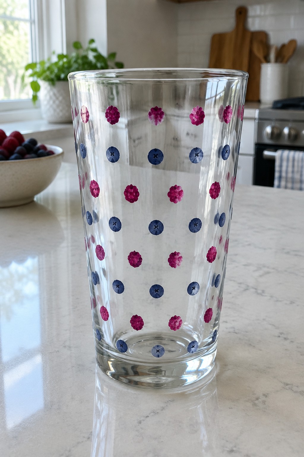 Clear glass tumbler with pink berry and blue button patterns on marble counter