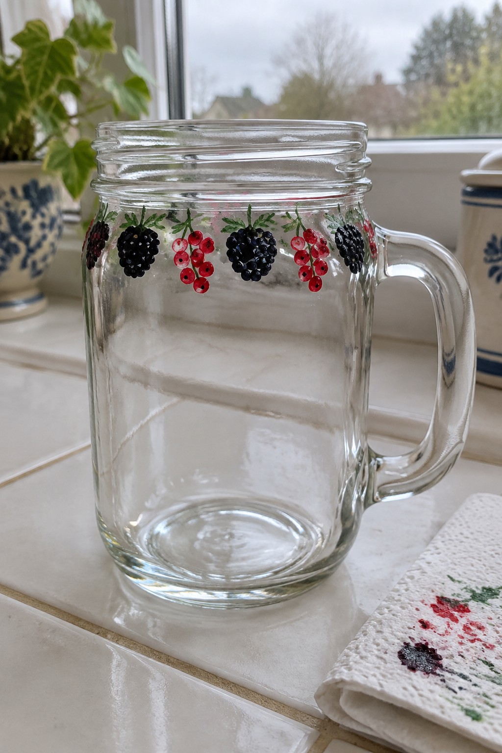Glass mason jar with handle painted with blackberries and red currants on windowsill