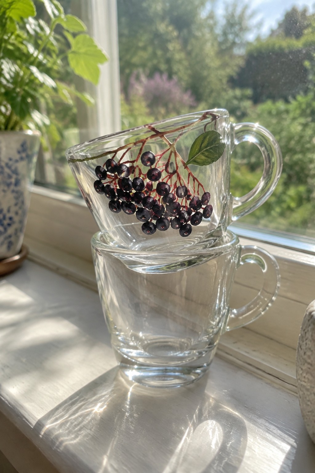 Stacked glass mugs on sunny windowsill, top one with dark berry design