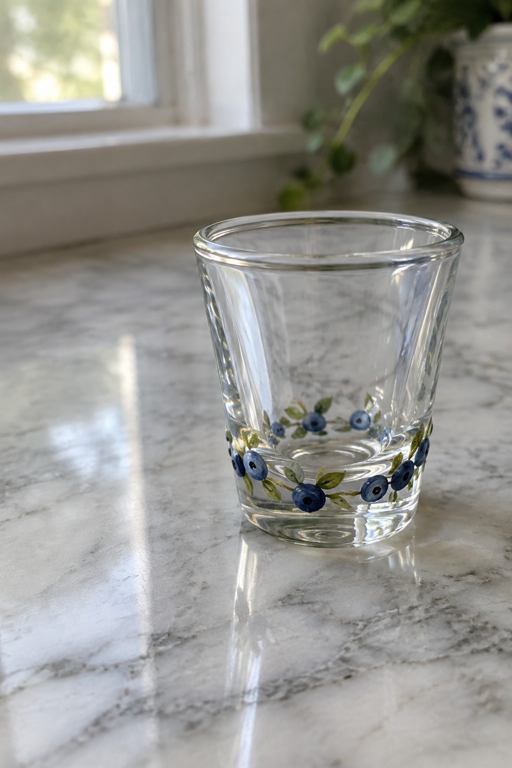 Clear glass cup with blueberry and leaf design on marble countertop.
