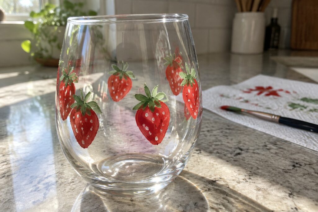 23 Easy Glass Cup Painting Ideas With Hand-Painted Berries Clear glass tumbler hand-painted with red strawberries on marble countertop.