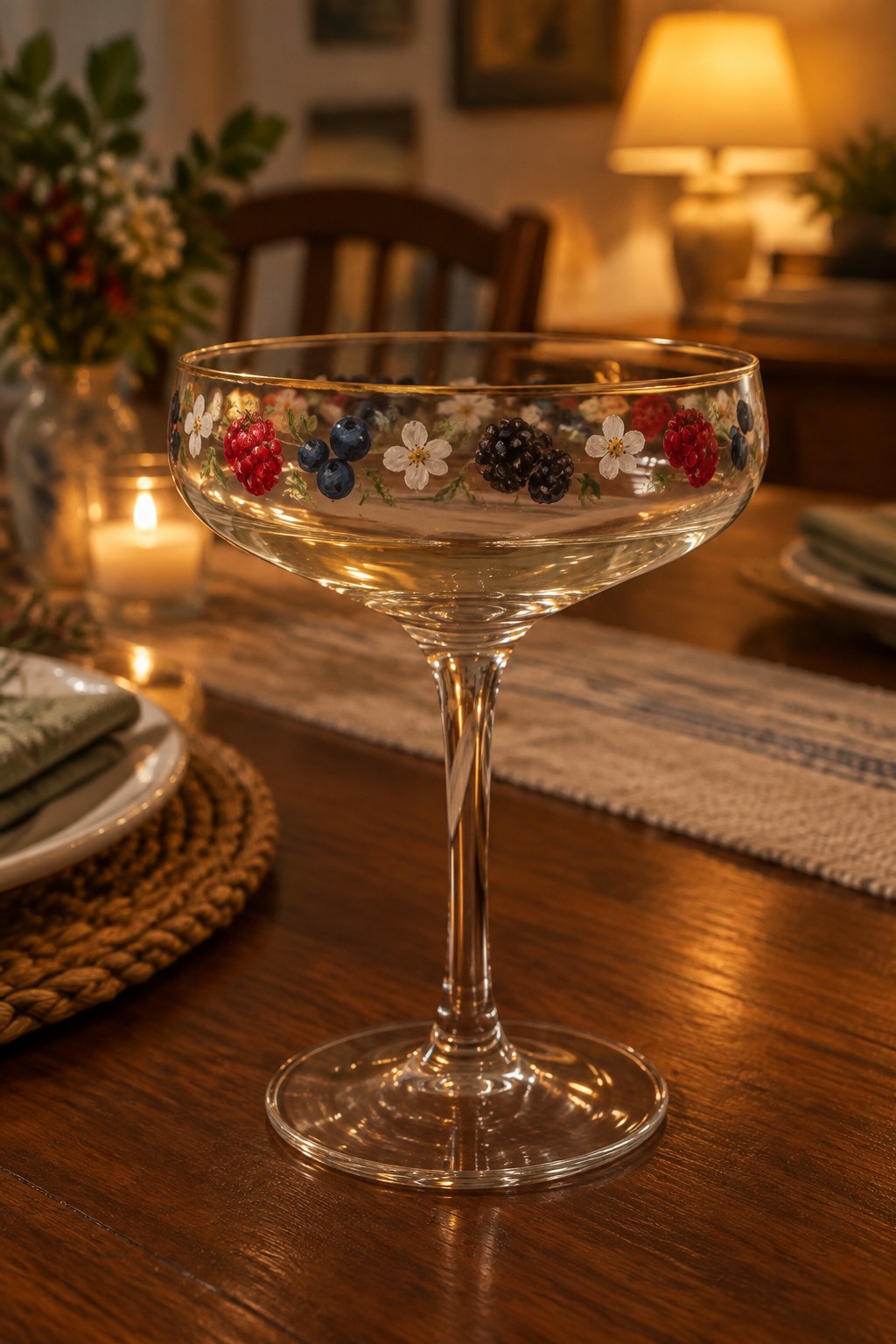 Gold-rimmed coupe glass with painted berries and flowers on wooden table.