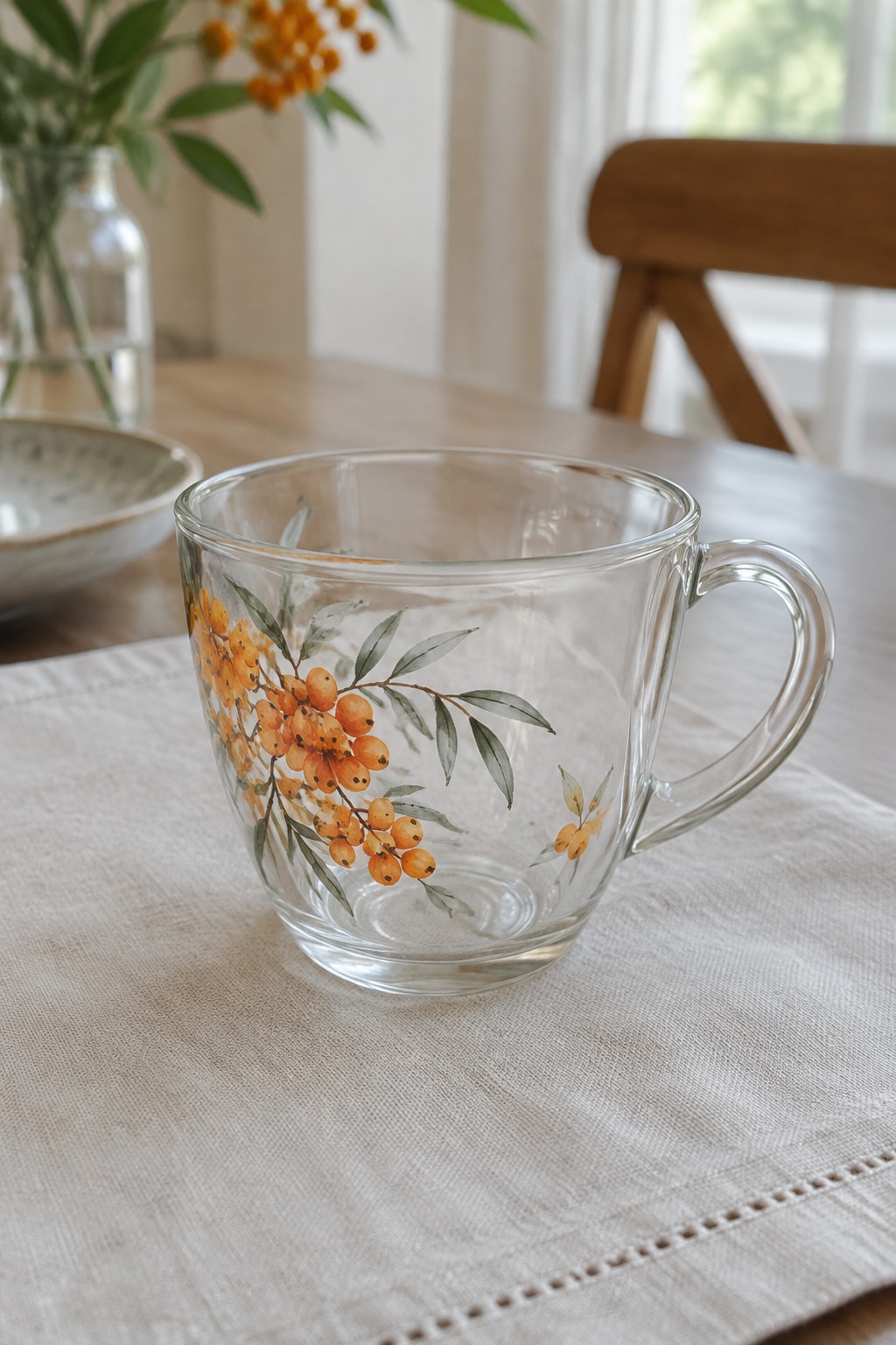 Clear glass mug with orange berries and green leaves on linen cloth.