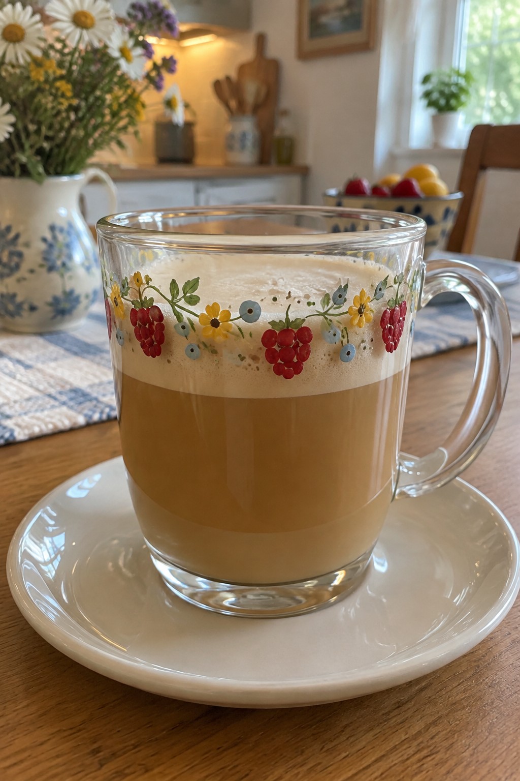 Glass mug with raspberry-flower pattern holding layered latte on white saucer