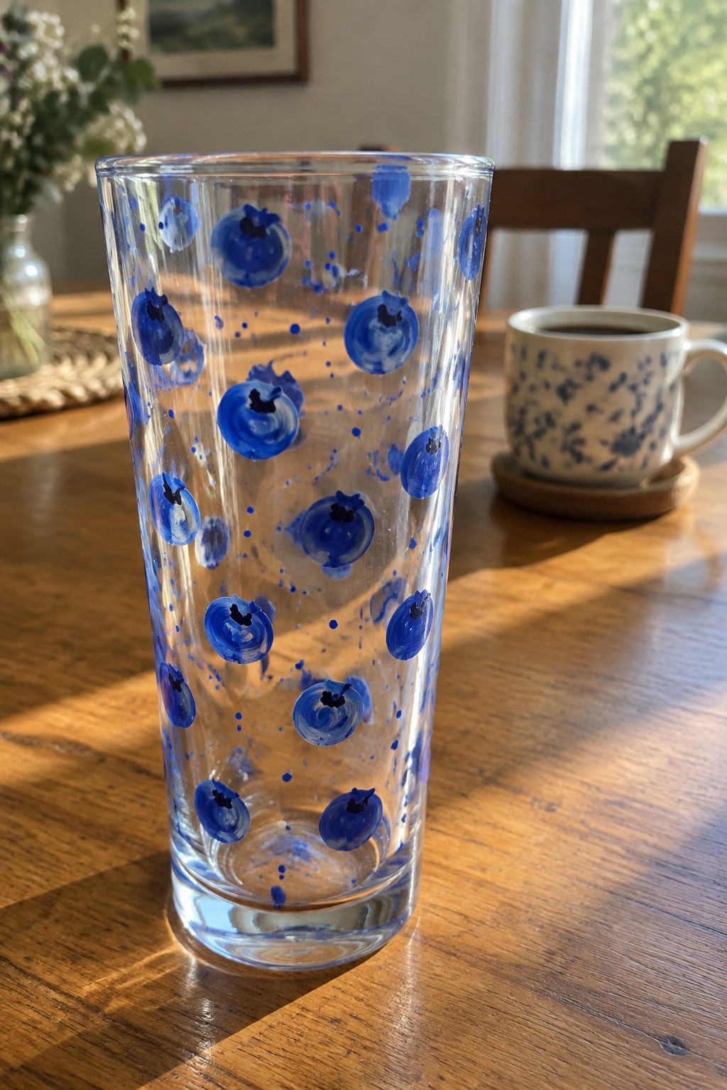 Tall blueberry-painted glass on wooden table beside floral coffee mug.