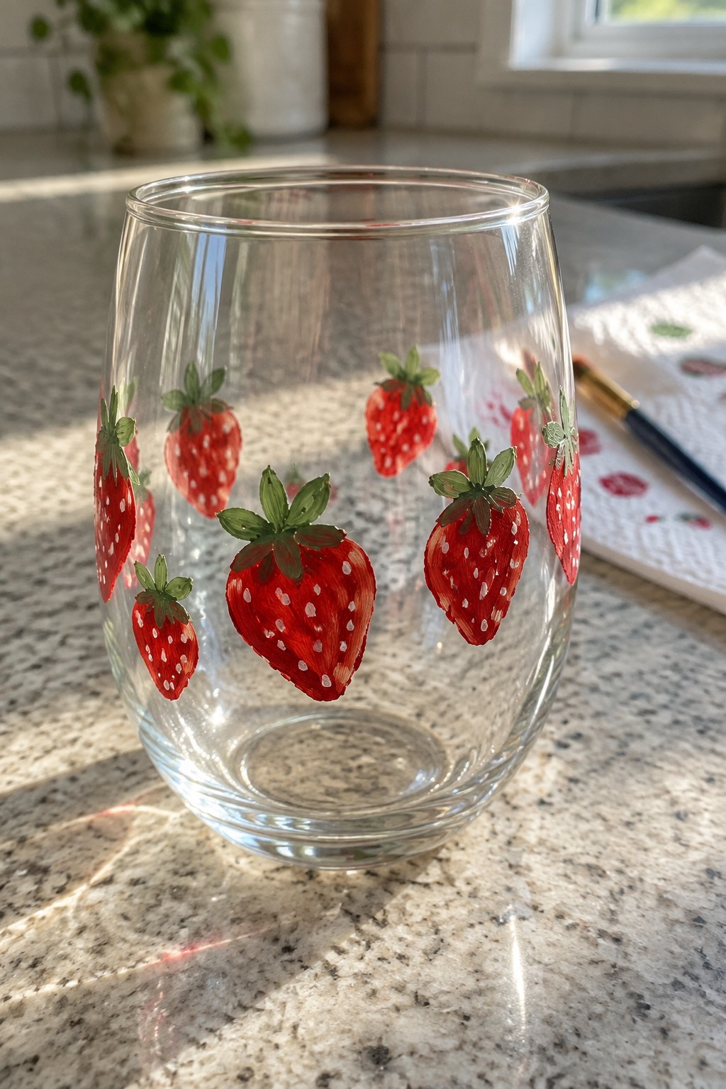 Clear glass tumbler hand-painted with red strawberries on marble countertop.