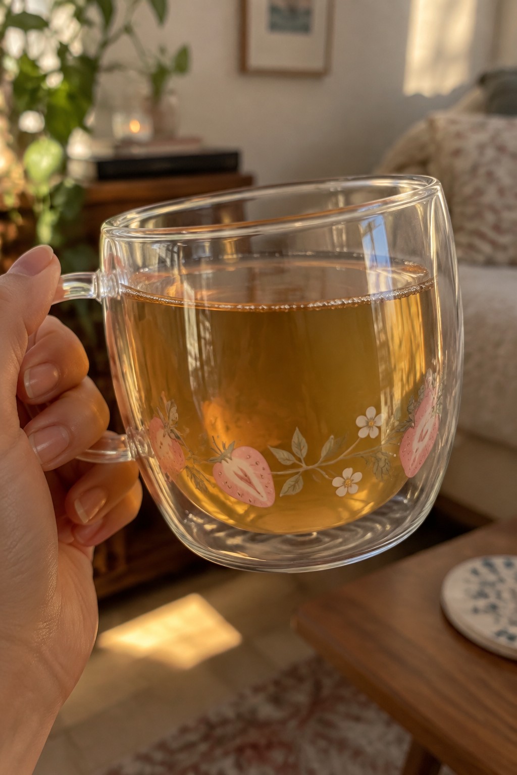 Hand holding double-walled glass mug of amber tea with strawberry design in sunlit room