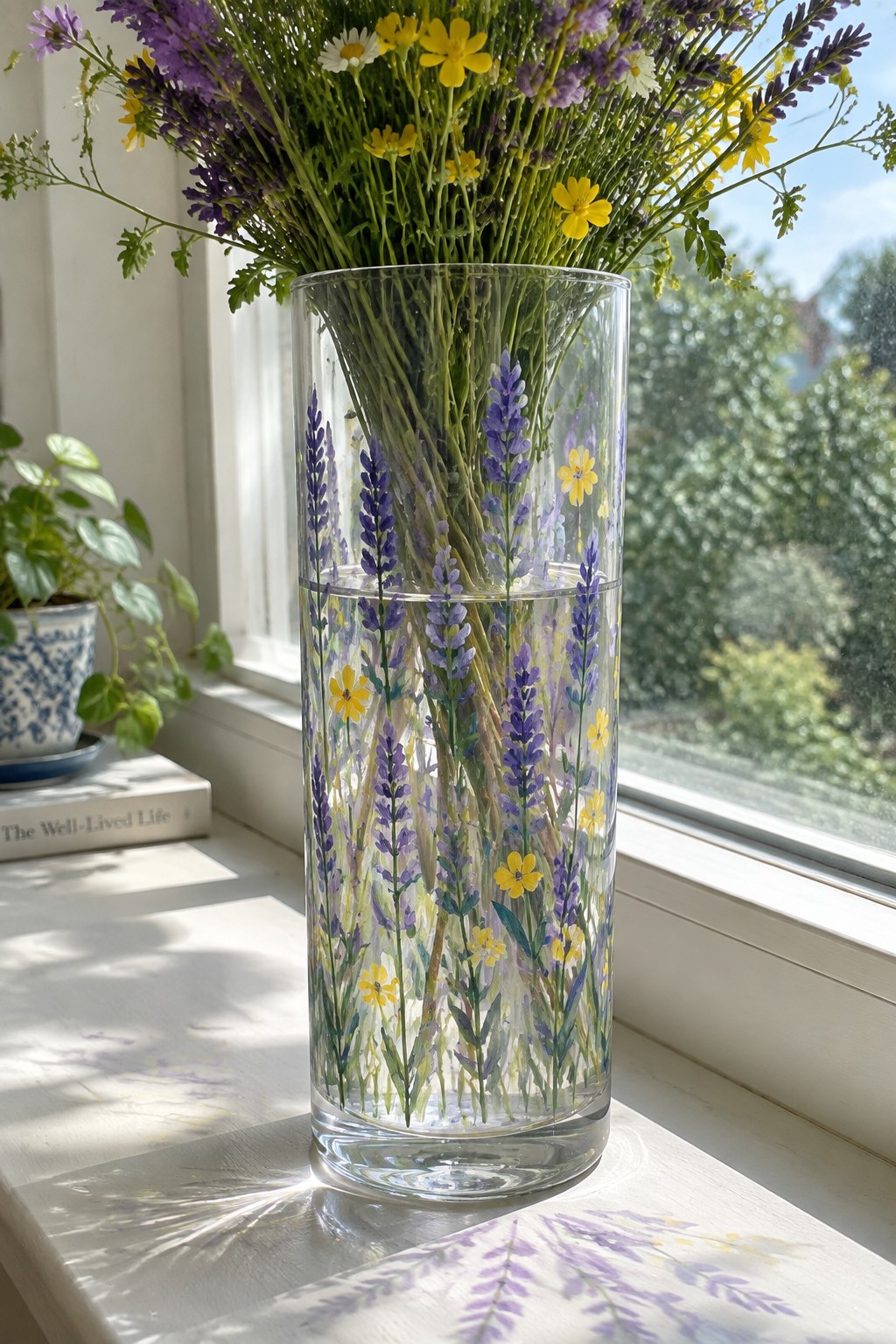 Tall glass vase with lavender and daisy decals holding wildflower bouquet on sunny windowsill