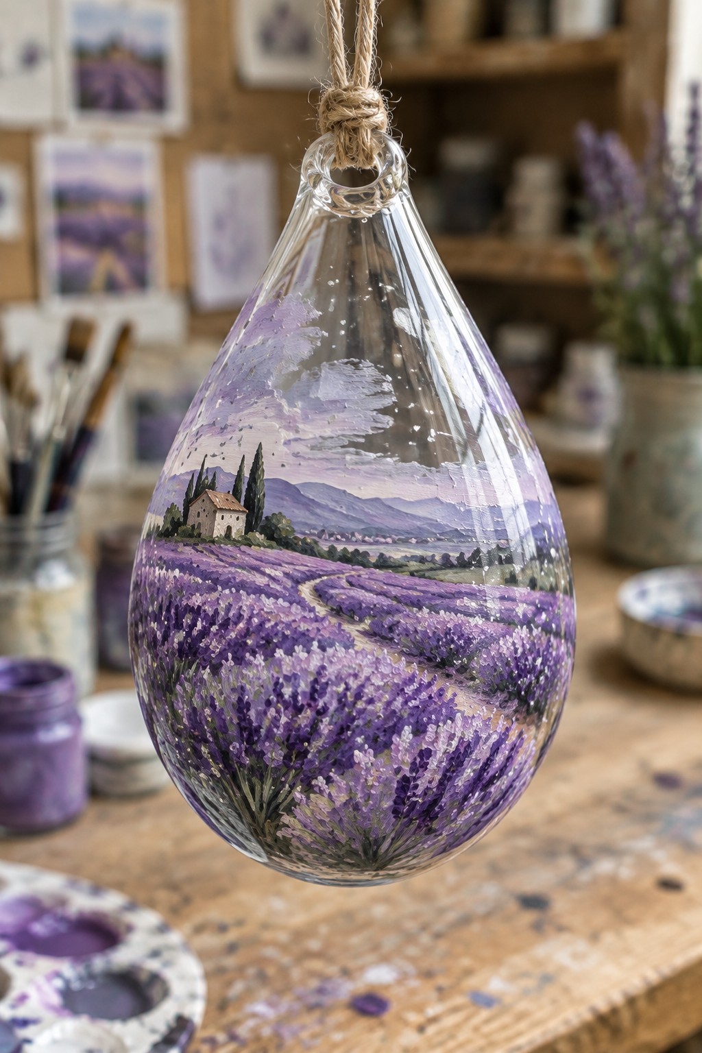 Hanging glass ornament painted with lavender fields and mountains in purple hues